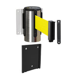 Wall Mounted Retractable Belt Barrier with Removable Plate, Polished Stainless Steel Metal Case with Standard Belt End, 8.5 ft Belt - Montour Line WM115 - Crowd Control Warehouse