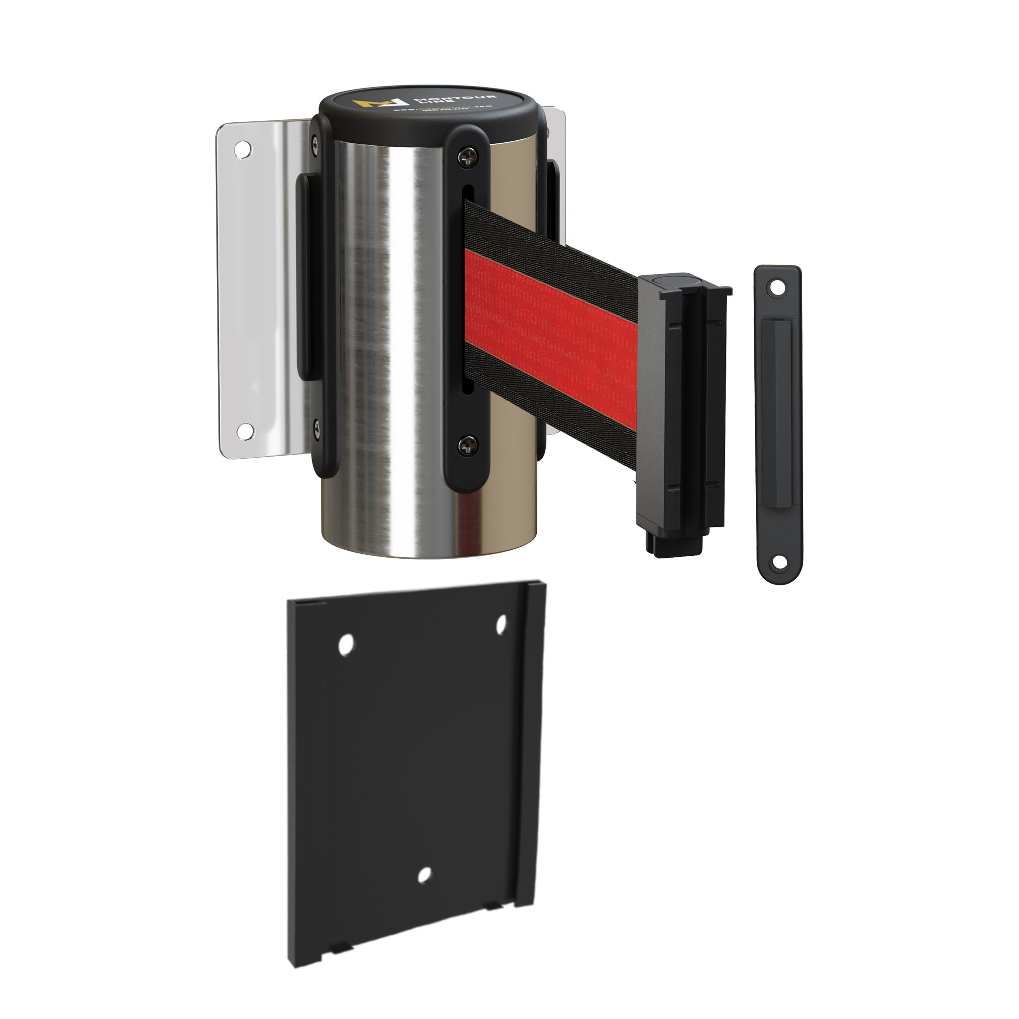 Wall Mounted Retractable Belt Barrier with Removable Plate, Polished Stainless Steel Metal Case with Standard Belt End, 8.5 ft Belt - Montour Line WM115 - Crowd Control Warehouse