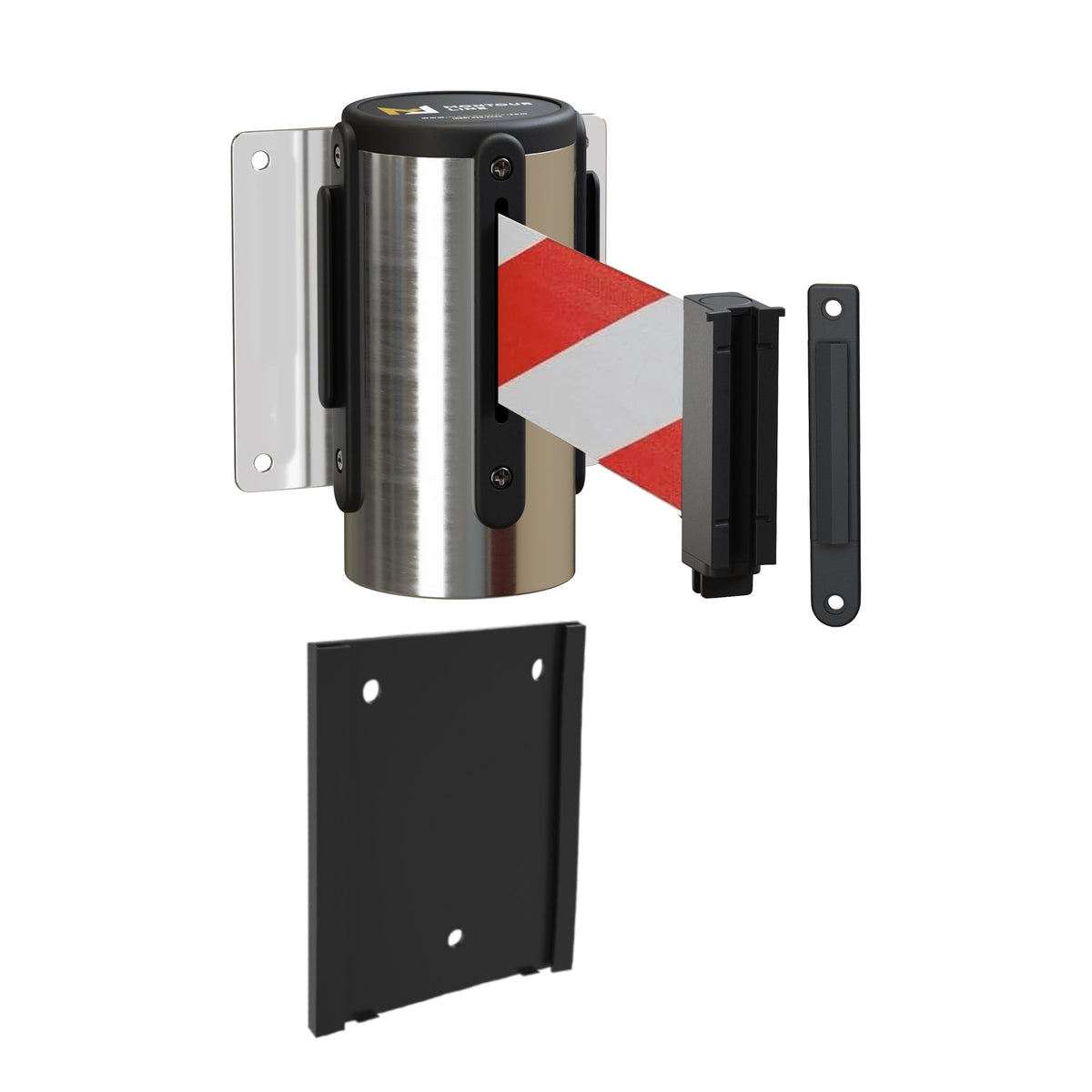 Wall Mounted Retractable Belt Barrier with Removable Plate, Polished Stainless Steel Metal Case with Standard Belt End, 8.5 ft Belt - Montour Line WM115 - Crowd Control Warehouse