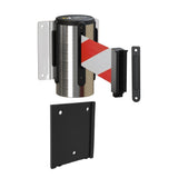 Wall Mounted Retractable Belt Barrier with Removable Plate, Polished Stainless Steel Metal Case with Standard Belt End, 8.5 ft Belt - Montour Line WM115 - Crowd Control Warehouse