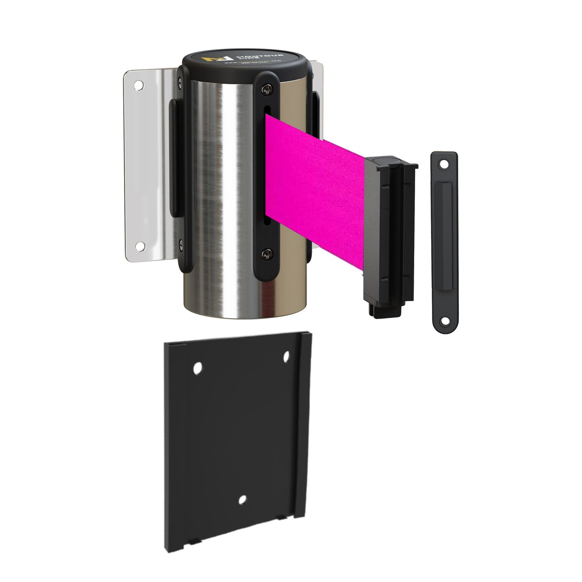 Wall Mounted Retractable Belt Barrier with Removable Plate, Polished Stainless Steel Metal Case with Standard Belt End, 8.5 ft Belt - Montour Line WM115 - Crowd Control Warehouse