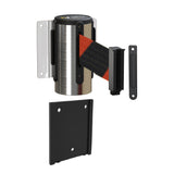 Wall Mounted Retractable Belt Barrier with Removable Plate, Polished Stainless Steel Metal Case with Standard Belt End, 8.5 ft Belt - Montour Line WM115 - Crowd Control Warehouse