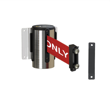 Fixed Wall Mount Retractable Belt Barrier with Magnetic Belt End, Polished Stainless Steel Case, 14 ft or 16 ft Belt - Montour Line WM215