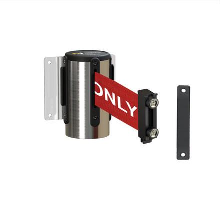 Fixed Wall Mount Retractable Belt Barrier with Magnetic Belt End, Polished Stainless Steel Case, 14 ft or 16 ft Belt - Montour Line WM215