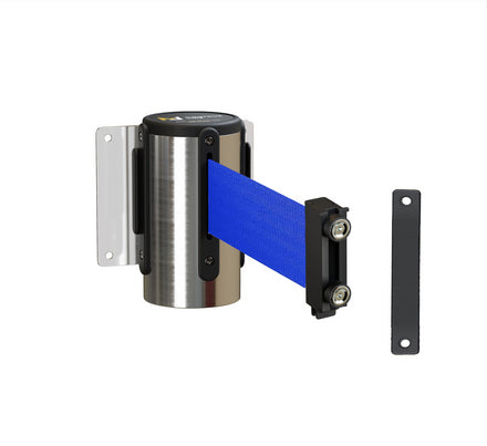 Fixed Wall Mount Retractable Belt Barrier with Magnetic Belt End, Polished Stainless Steel Case, 14 ft or 16 ft Belt - Montour Line WM215