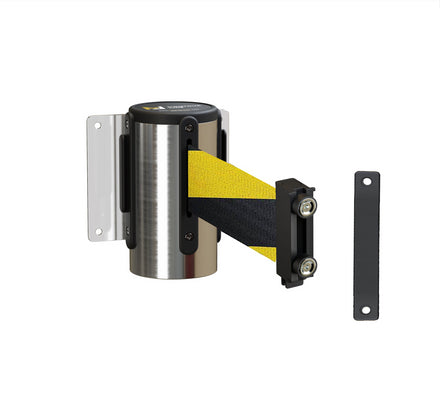 Fixed Wall Mount Retractable Belt Barrier with Magnetic Belt End, Polished Stainless Steel Case, 14 ft or 16 ft Belt - Montour Line WM215
