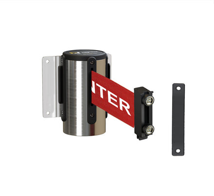 Fixed Wall Mount Retractable Belt Barrier with Magnetic Belt End, Polished Stainless Steel Case, 14 ft or 16 ft Belt - Montour Line WM215