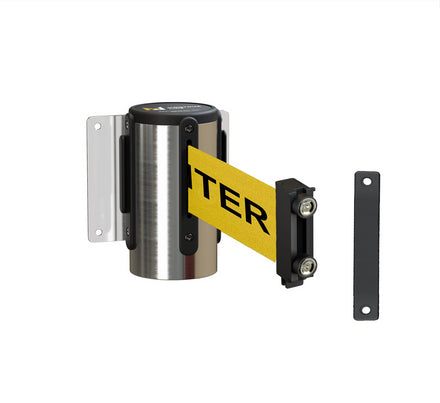 Fixed Wall Mount Retractable Belt Barrier with Magnetic Belt End, Polished Stainless Steel Case, 14 ft or 16 ft Belt - Montour Line WM215