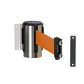 Fixed Wall Mount Retractable Belt Barrier with Magnetic Belt End, Polished Stainless Steel Case, 14 ft or 16 ft Belt - Montour Line WM215