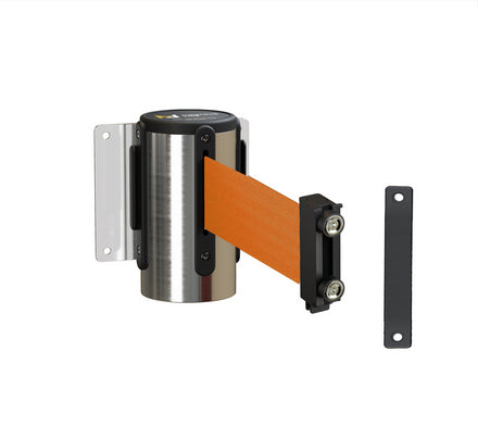 Fixed Wall Mount Retractable Belt Barrier with Magnetic Belt End, Polished Stainless Steel Case, 14 ft or 16 ft Belt - Montour Line WM215
