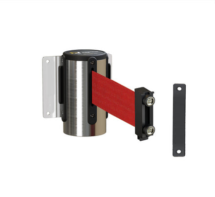 Fixed Wall Mount Retractable Belt Barrier with Magnetic Belt End, Polished Stainless Steel Case, 14 ft or 16 ft Belt - Montour Line WM215