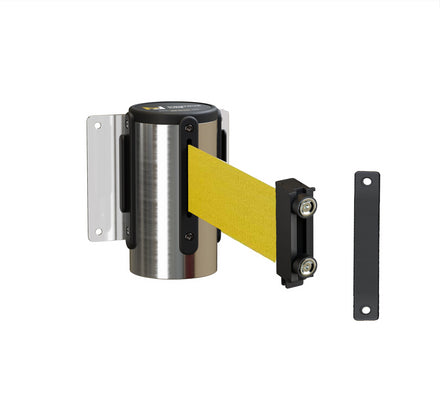 Fixed Wall Mount Retractable Belt Barrier with Magnetic Belt End, Polished Stainless Steel Case, 14 ft or 16 ft Belt - Montour Line WM215