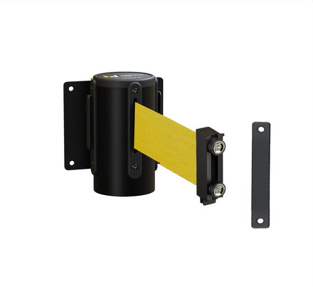 Fixed Wall Mount Retractable Belt Barrier with Magnetic Belt End, Black Steel Case, 14 ft or 16 ft Belt - Montour Line WM215